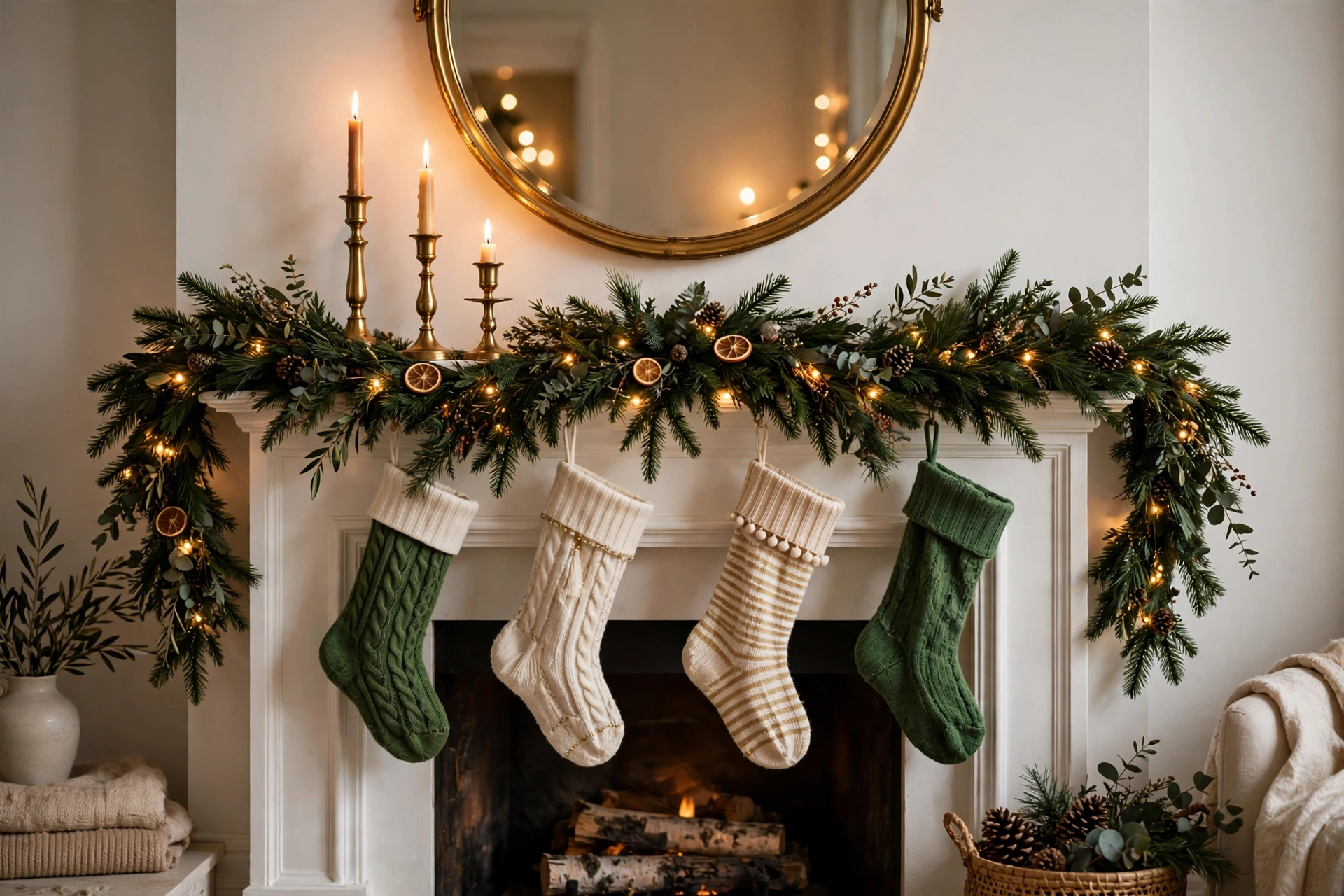 Christmas mantel with garland and stockings