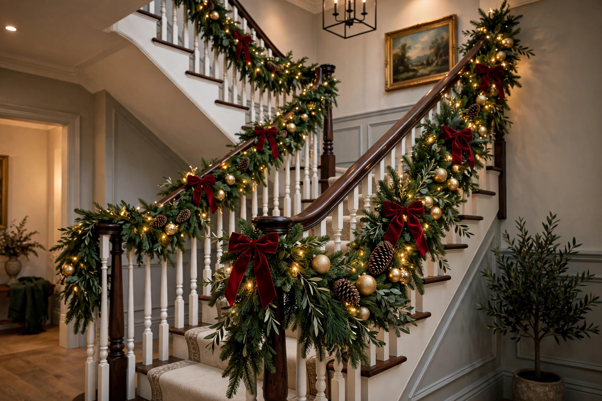 Staircase decorated with Christmas garland and stockings