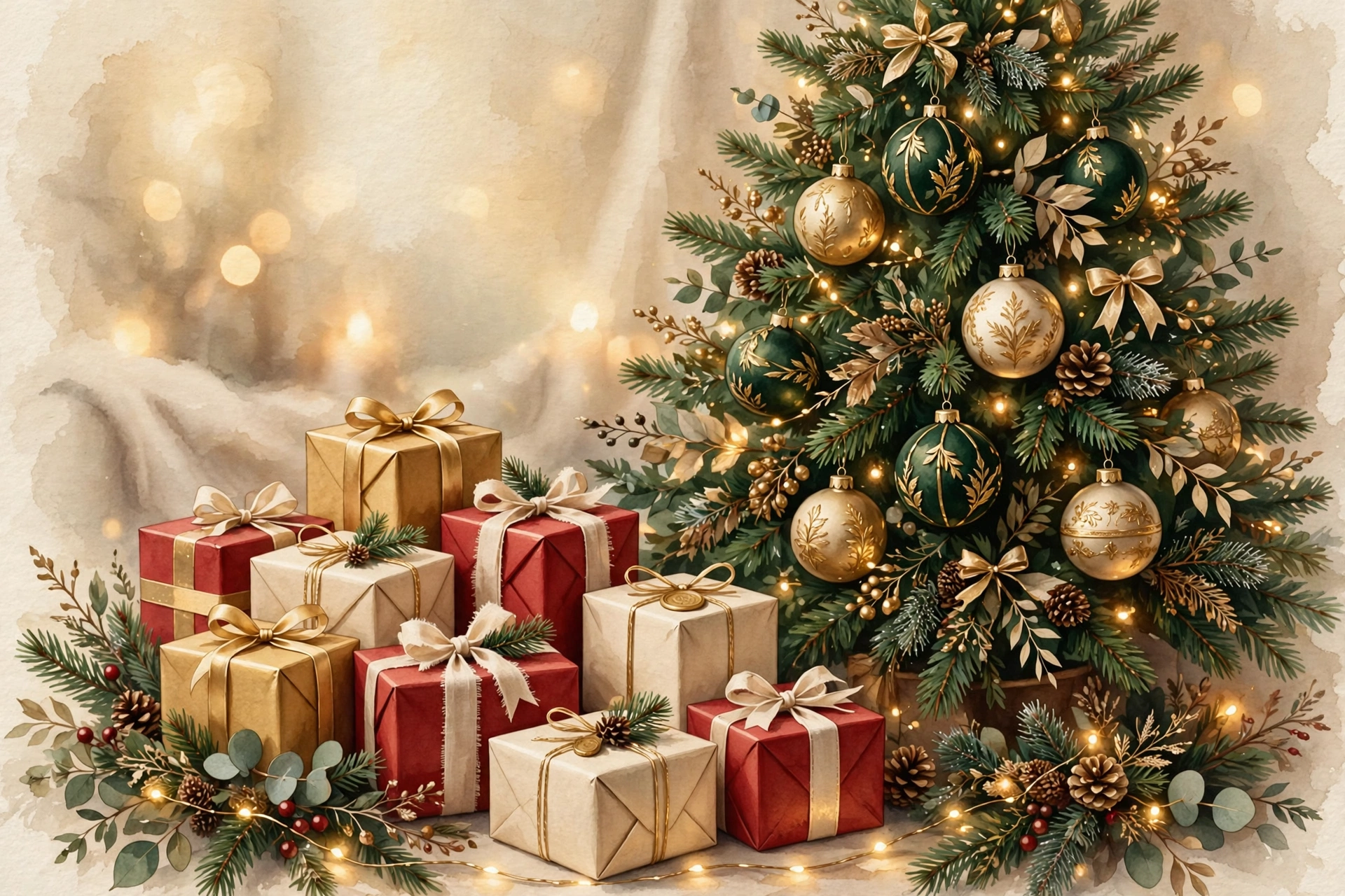 Wrapped Christmas gifts under a tree
