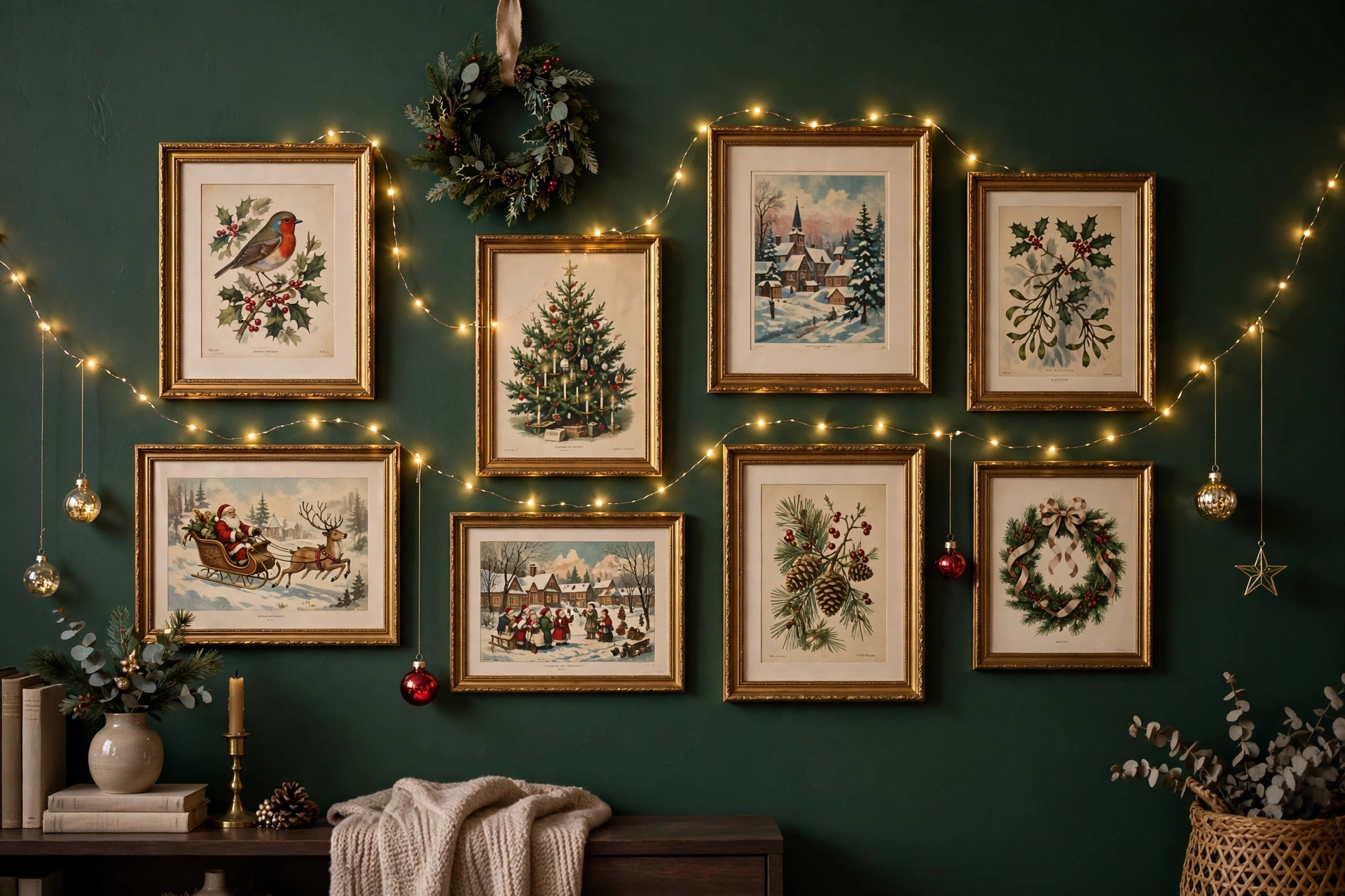 Christmas wall decor with wreaths and art